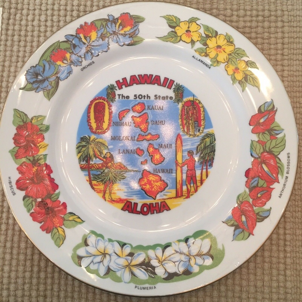 Hawaii Souvenir PLATE White Hula Girl Surfing Tiki bar room decor Hawaiian
